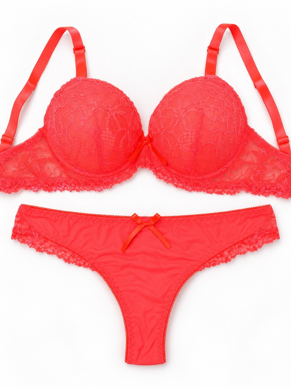 Orange - Red Lace Push-Up Bra & Thong Set - Women's Intimates